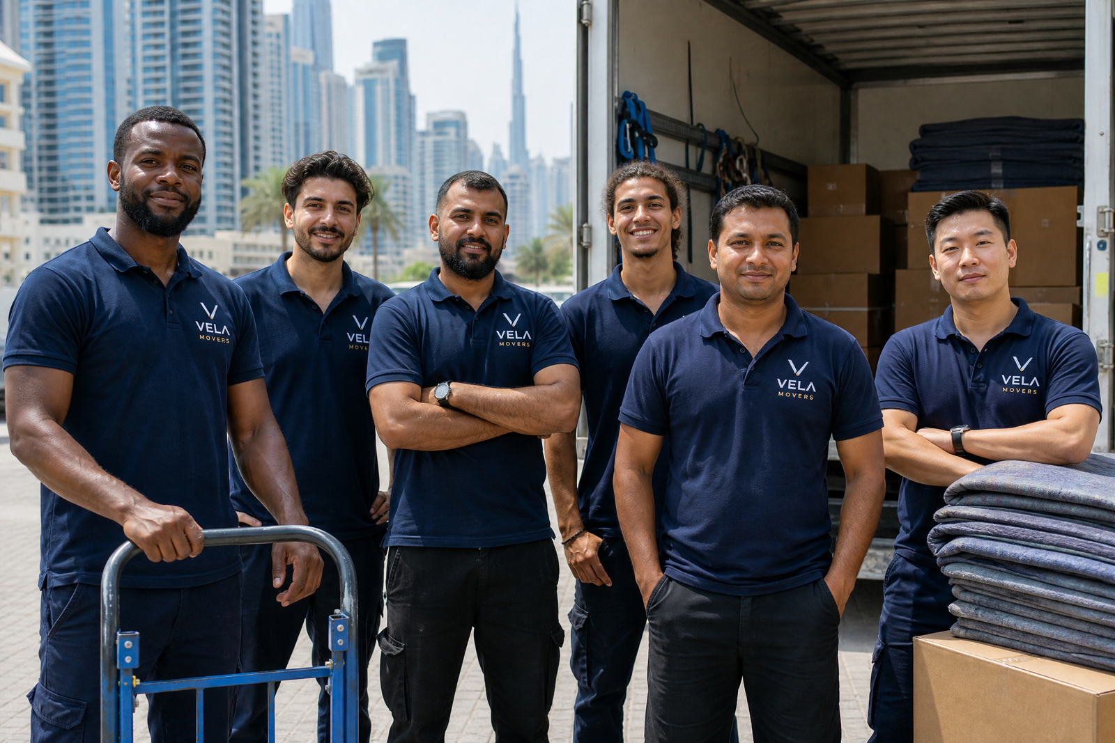 The Vela Movers crew and moving vehicle at work